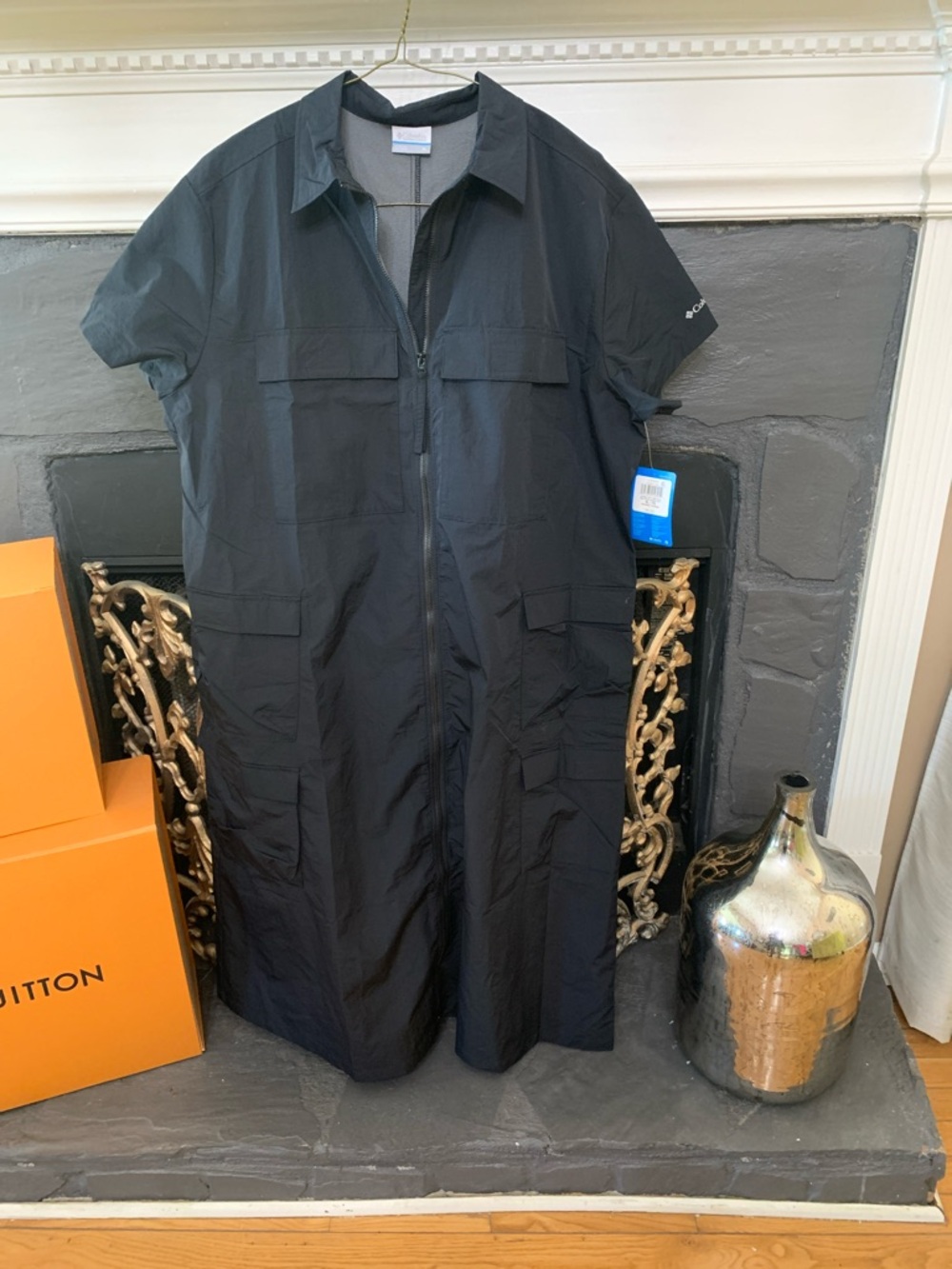 Columbia Black Short-Sleeve Zip-Front Utility Jumpsuit Dress
